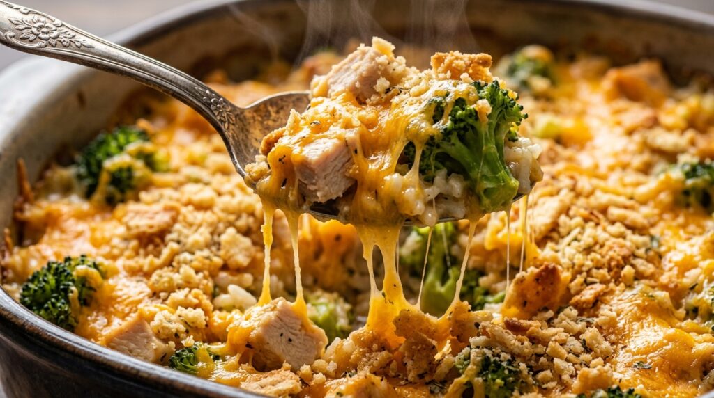 Ultra close-up macro spoon lifting steaming portion of cheesy chicken broccoli rice casserole with stretching cheddar cheese and buttery cracker crust