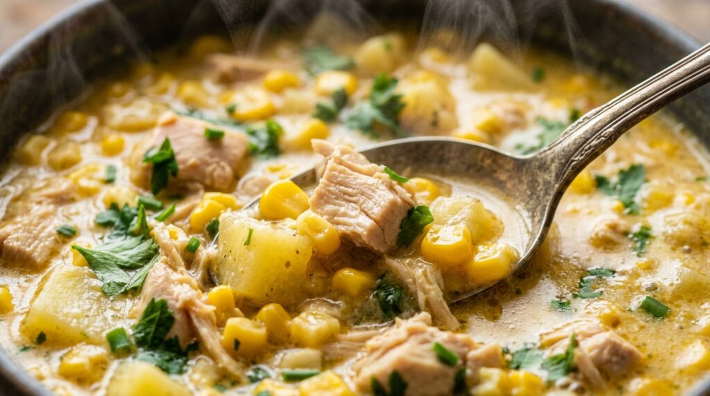Ultra close-up macro of creamy chicken corn chowder with tender chicken, sweet corn, and golden potatoes