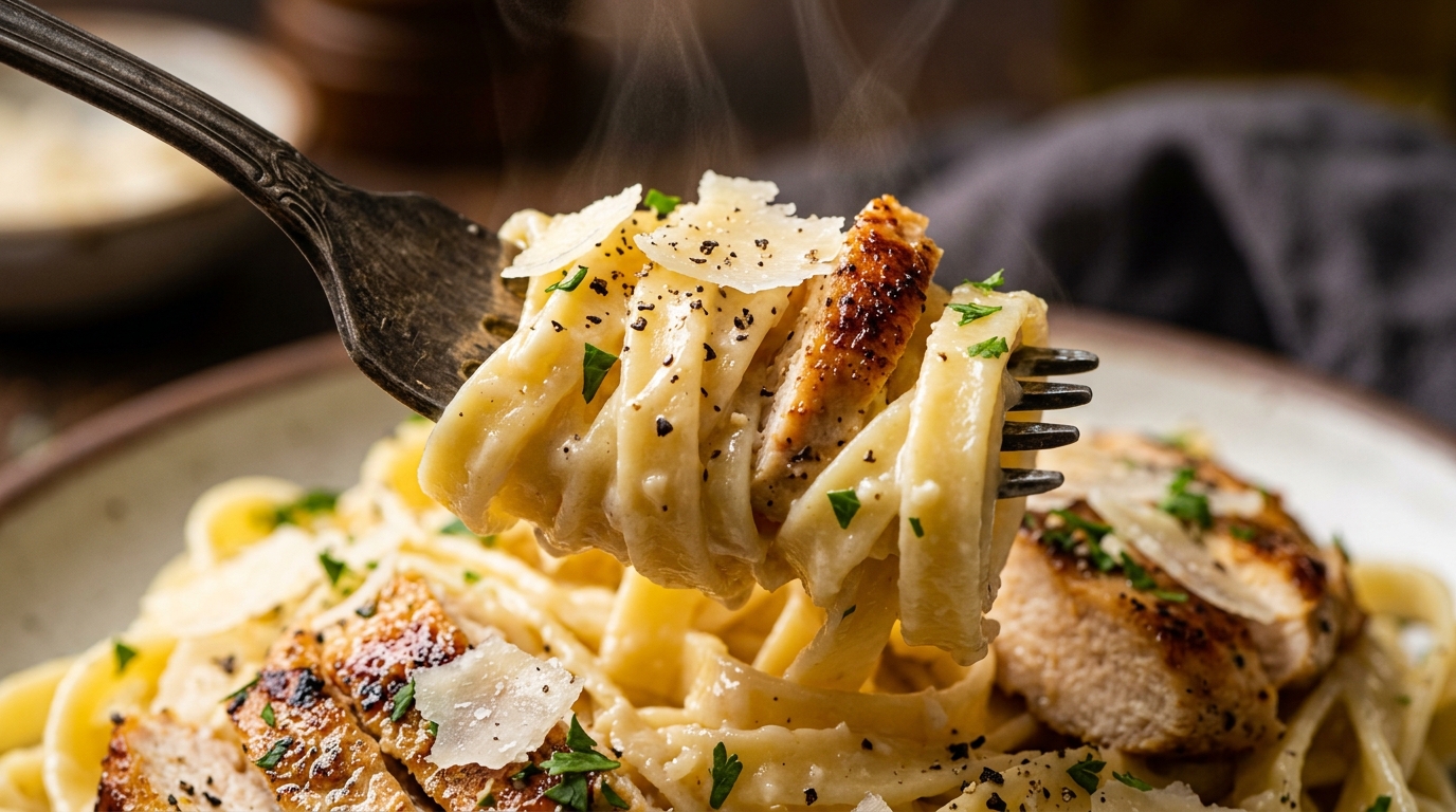 Ultra close-up macro of broad fettuccine pasta twirled on a fork coated in velvety garlic Parmesan Alfredo sauce with sliced golden seared halal chicken