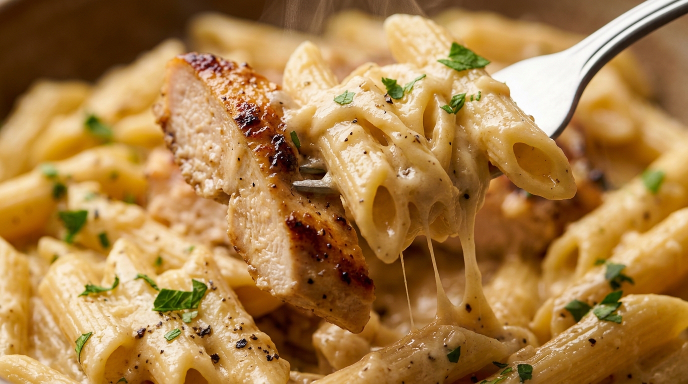 Ultra close-up macro fork twirling creamy garlic parmesan penne pasta with juicy seared golden chicken breast slice and melted cheese pull