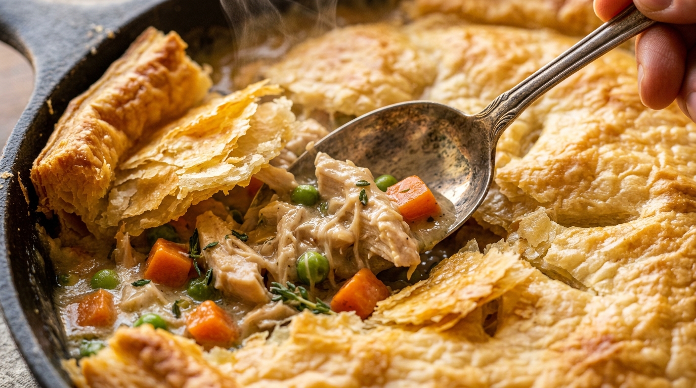 Ultra close-up macro spoon breaking into golden flaky puff pastry crust of skillet chicken pot pie revealing steaming creamy chicken and vegetable filling