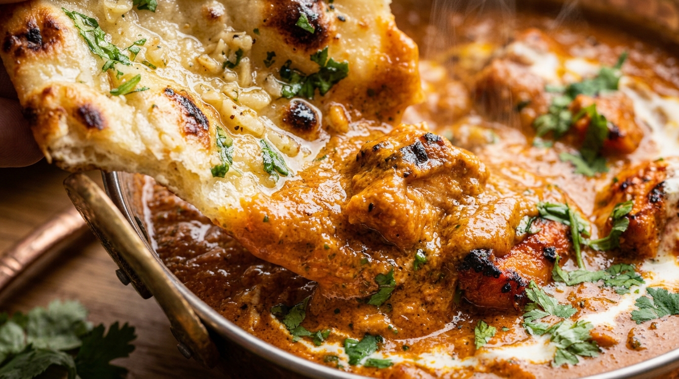 Ultra close-up macro of warm garlic naan dipping into steaming copper bowl of rich chicken tikka masala with spiced tomato cream sauce and cilantro