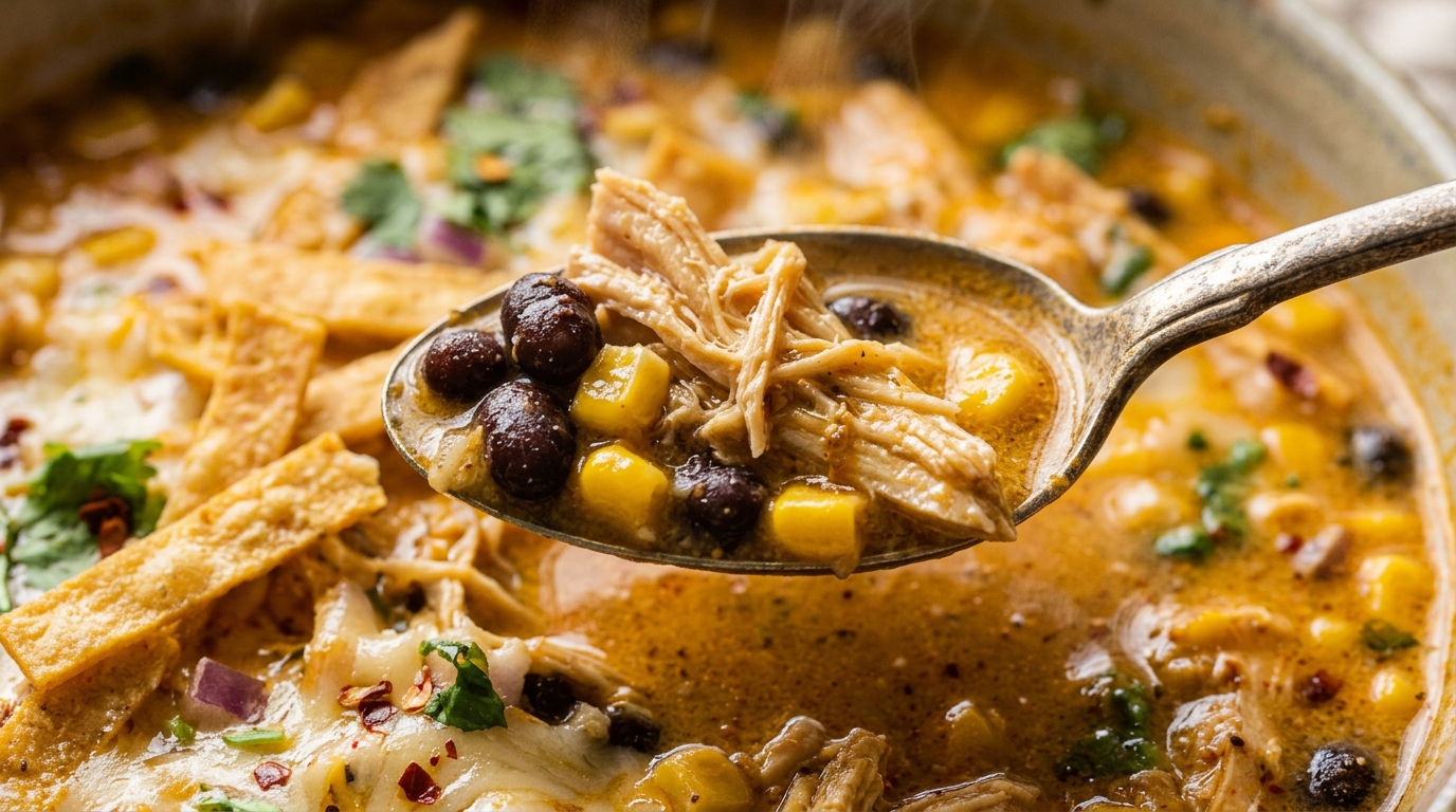 Ultra close-up macro of comforting creamy chicken tortilla soup spoon lifting tender shredded halal chicken, black beans, sweet corn, and crisp tortilla strips