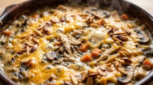 Ultra close-up macro of bubbling creamy chicken and wild rice casserole with mushrooms, cheddar cheese, and toasted slivered almonds