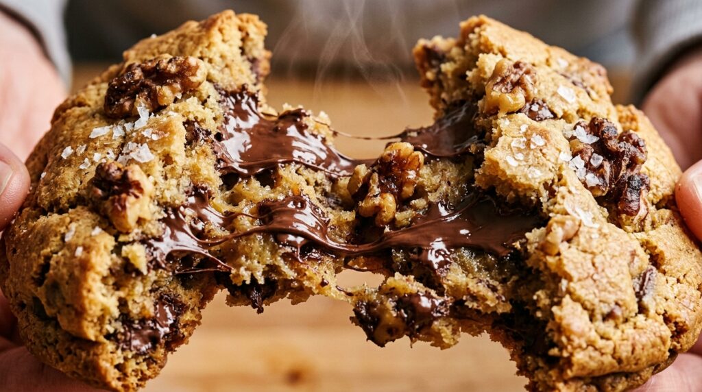 Ultra close-up macro of giant warm bakery chocolate chip walnut cookie broken in half showing gooey melted chocolate pools and toasted walnuts with flaky sea salt