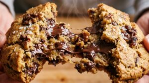 Ultra close-up macro of giant warm bakery chocolate chip walnut cookie broken in half showing gooey melted chocolate pools and toasted walnuts with flaky sea salt