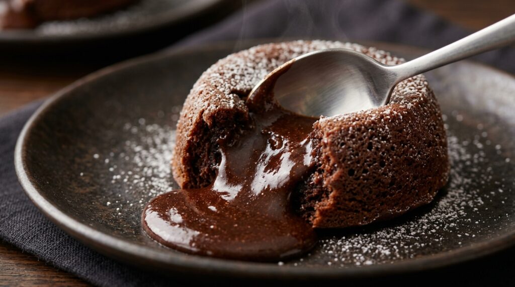 Ultra close-up macro of dessert spoon breaking open molten chocolate lava cake with warm rich chocolate center flowing out onto dark plate