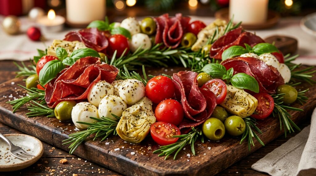 Ultra close-up macro Christmas antipasto wreath with marinated mozzarella, cherry tomatoes, cured beef, and rosemary