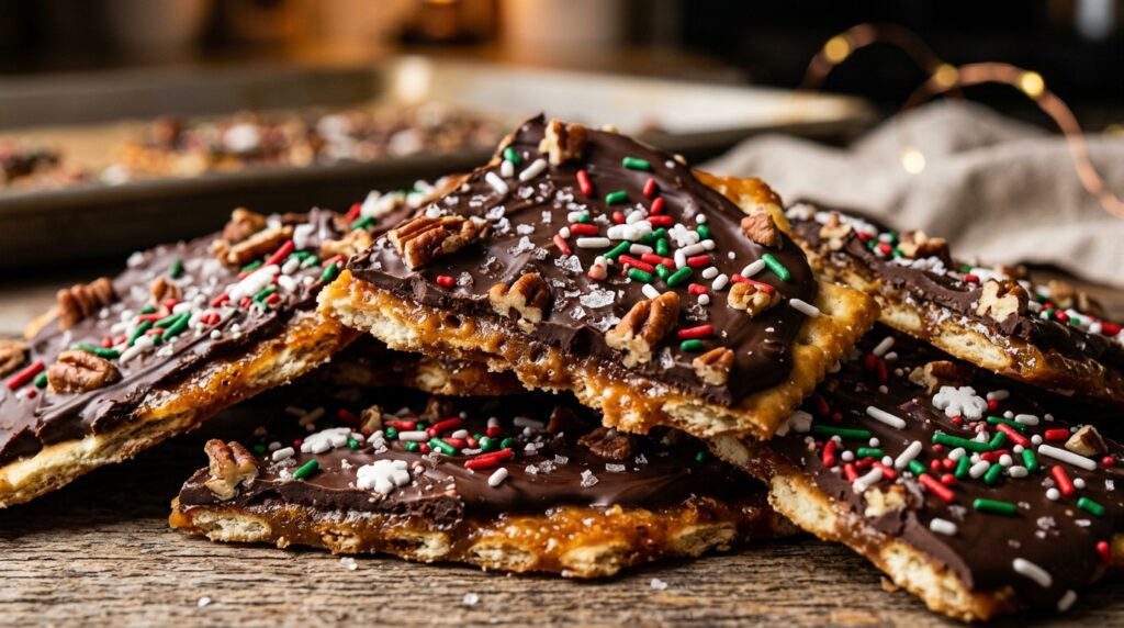 Ultra close-up macro homemade saltine toffee Christmas crack candy broken into thick golden caramel shards with chocolate and pecans