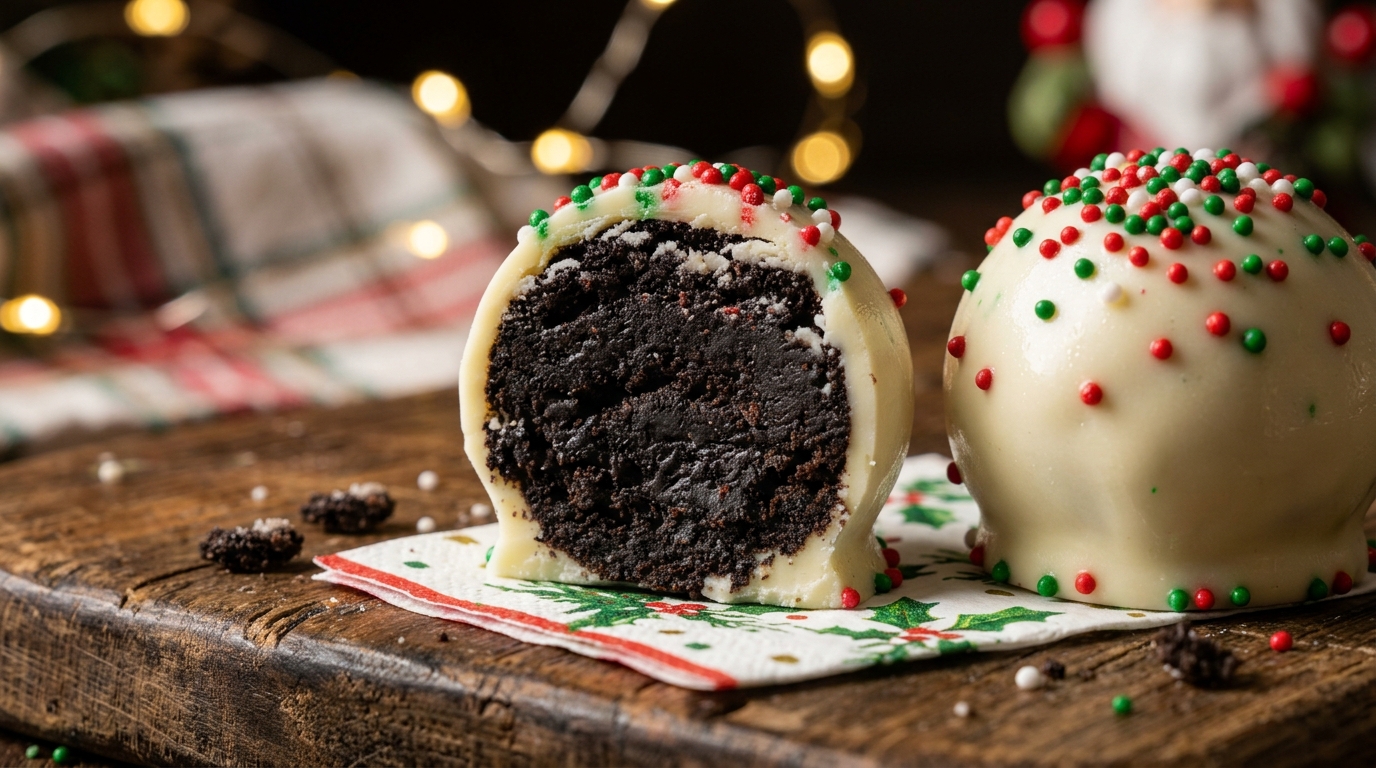Ultra close-up macro homemade Christmas Oreo truffle balls with white chocolate shell and dense fudgy dark Oreo center