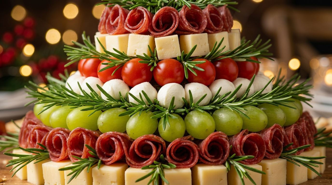 Ultra close-up macro Christmas tree charcuterie board with artisan cheeses, grapes, cured beef, and rosemary