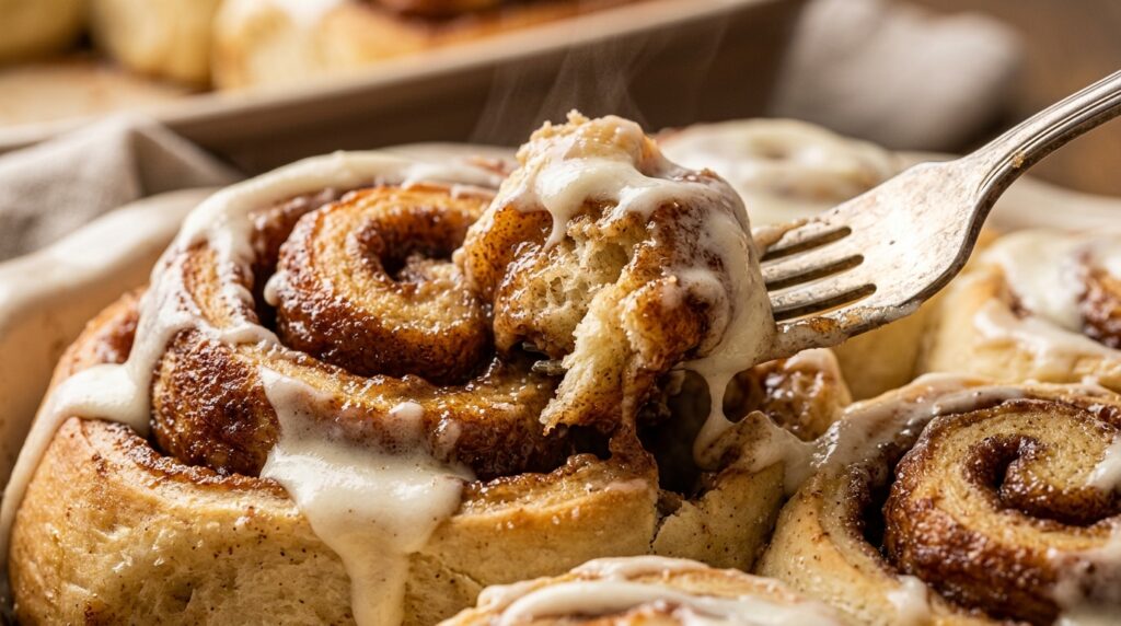 Ultra close-up macro of warm freshly baked cinnamon roll overflowing with brown sugar cinnamon glaze and cream cheese icing