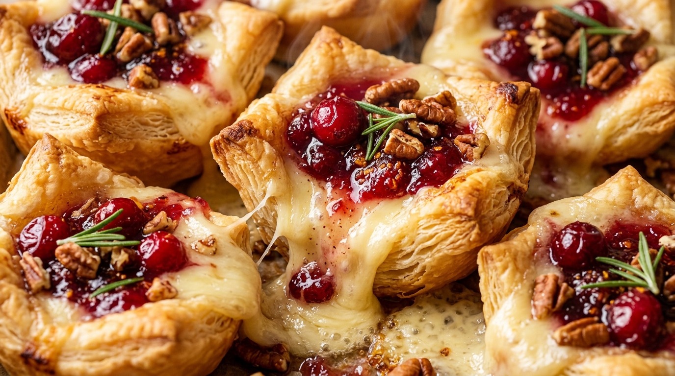 Ultra close-up macro of warm cranberry brie bites with melty cheese in golden puff pastry cups