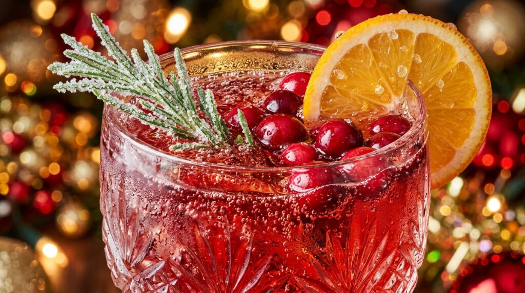 Ultra close-up macro of elegant crystal glass with sparkling ruby red cranberry punch garnished with frosted rosemary and floating fresh cranberries