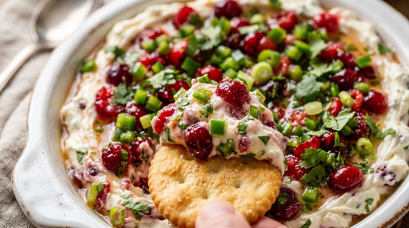 Ultra close-up macro of festive cranberry jalapeño cream cheese dip with vibrant red and green toppings scooped with cracker