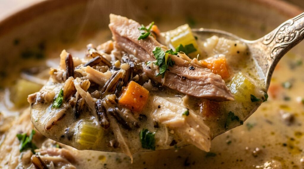 Ultra close-up macro antique silver spoon lifting rich creamy chicken wild rice soup with tender chicken carrots and nutty wild rice in velvety broth