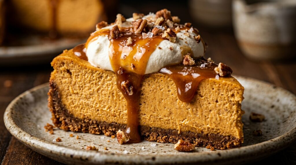 Ultra close-up macro slice of velvety creamy spiced pumpkin cheesecake with graham cracker crust and whipped cream