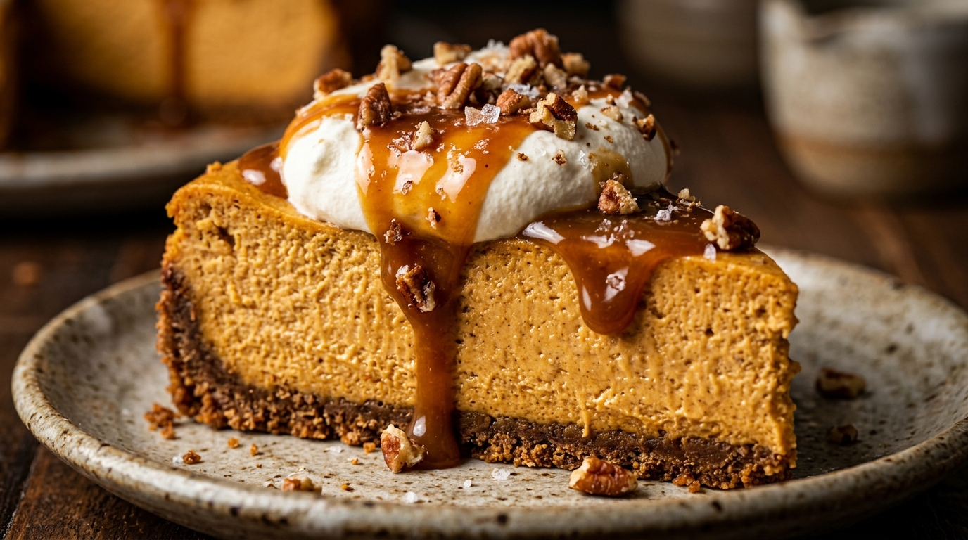 Ultra close-up macro slice of velvety creamy spiced pumpkin cheesecake with graham cracker crust and whipped cream