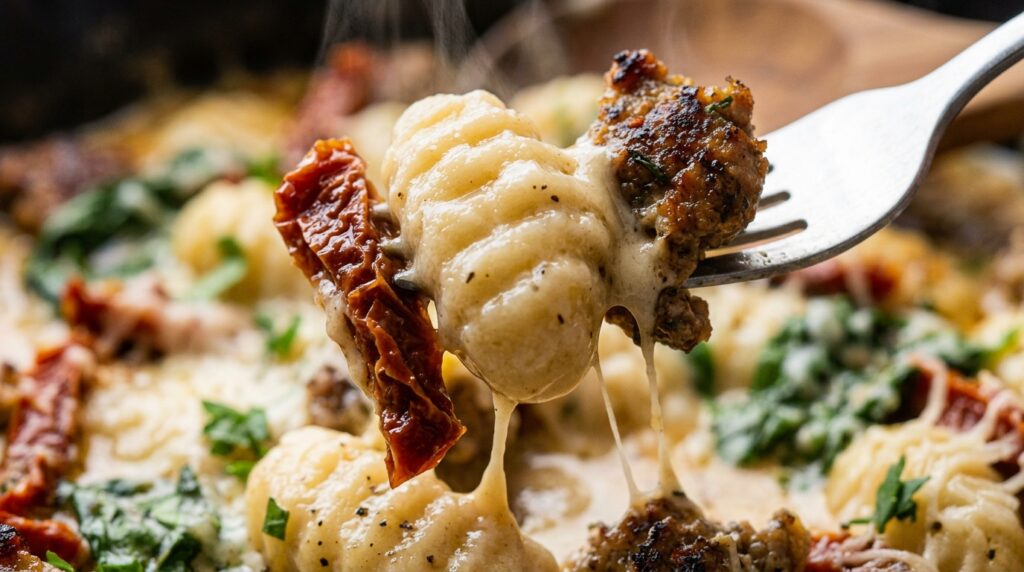 Ultra close-up macro of pillowy potato gnocchi and browned halal sausage crumble coated in creamy garlic parmesan sauce with spinach and sun-dried tomatoes