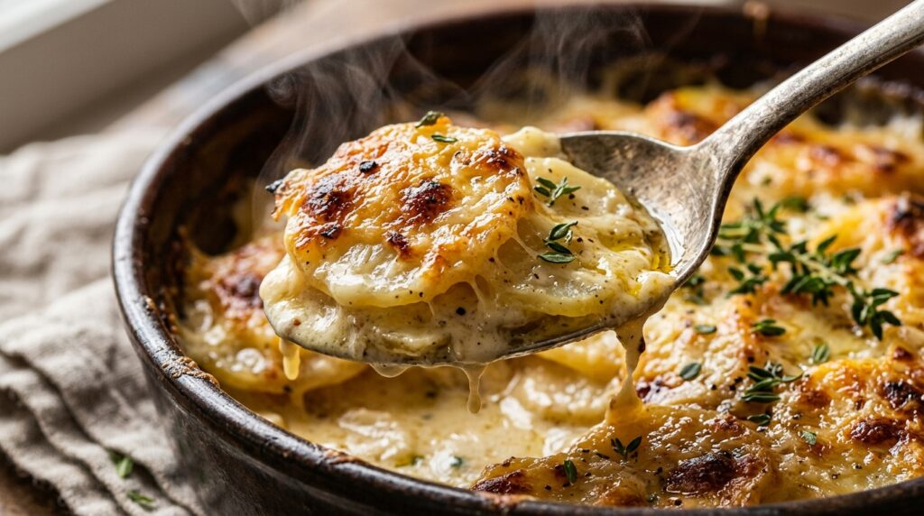 Ultra close-up macro spoon lifting creamy scalloped potatoes with golden bubbly Gruyère cheese crust and tender layers