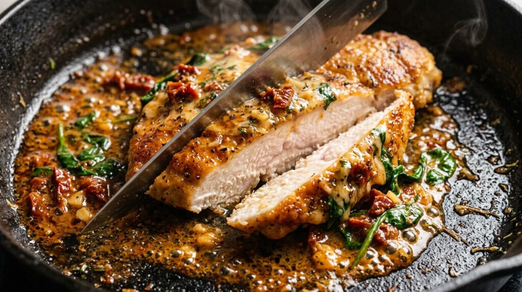 Ultra close-up macro of golden pan-seared halal chicken cutlet smothered in velvety sun-dried tomato garlic parmesan cream sauce and baby spinach