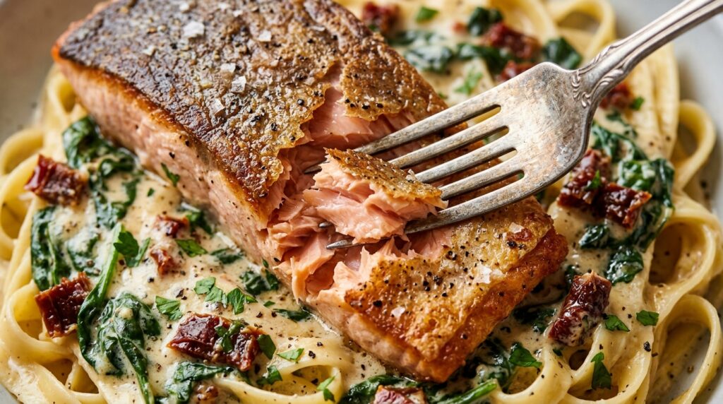 Ultra close-up macro of pan-seared wild salmon flaking under silver fork over creamy Tuscan spinach garlic fettuccine