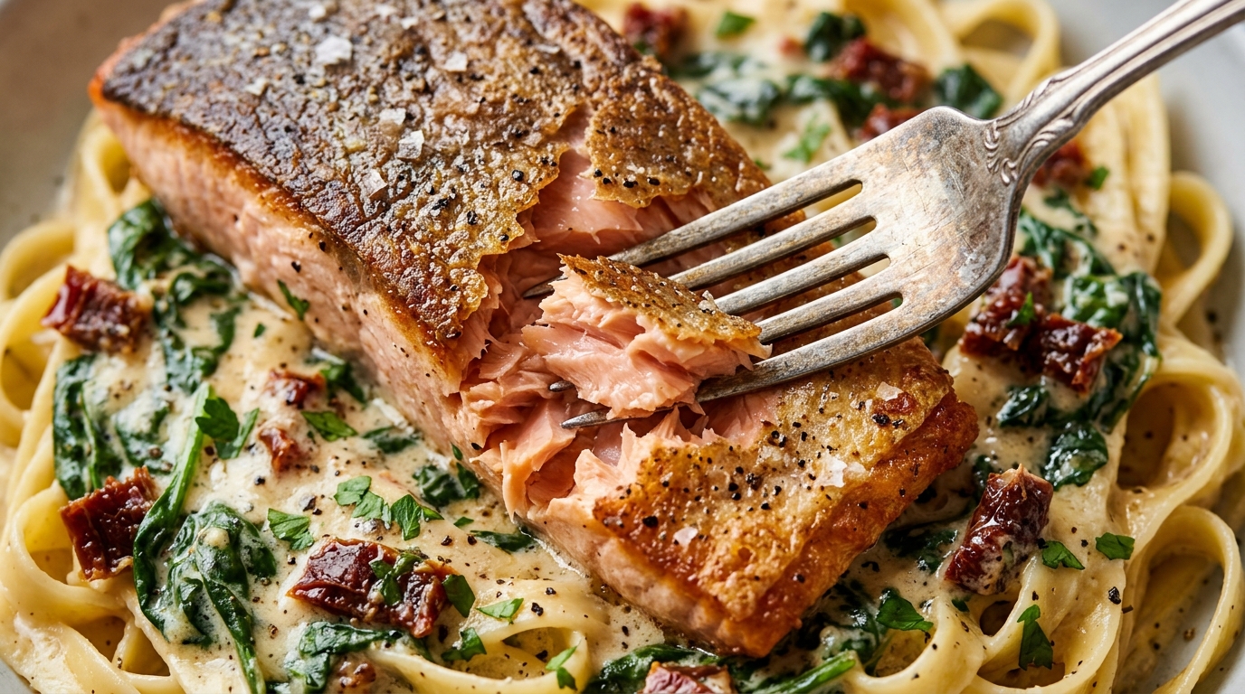 Ultra close-up macro of pan-seared wild salmon flaking under silver fork over creamy Tuscan spinach garlic fettuccine