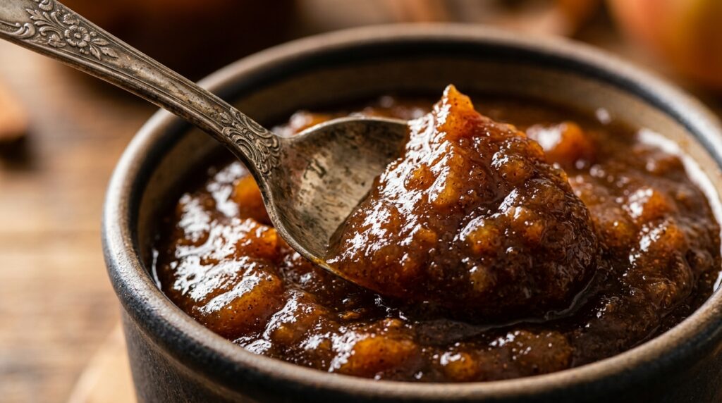 Ultra close-up macro antique silver spoon lifting glossy thick dollop of dark amber spiced crockpot apple butter