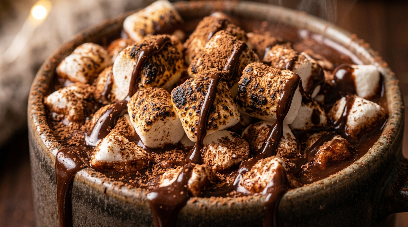 Ultra close-up macro of ceramic mug filled with rich velvety slow cooker hot chocolate topped with toasted mini marshmallows and glossy chocolate drizzle