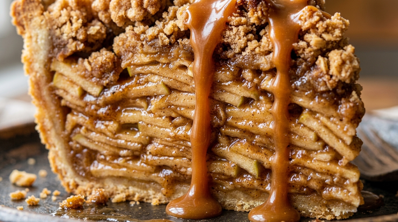 Ultra close-up macro deep dish slice of Dutch caramel apple pie with spiced apples crunchy streusel crumble and dripping salted caramel