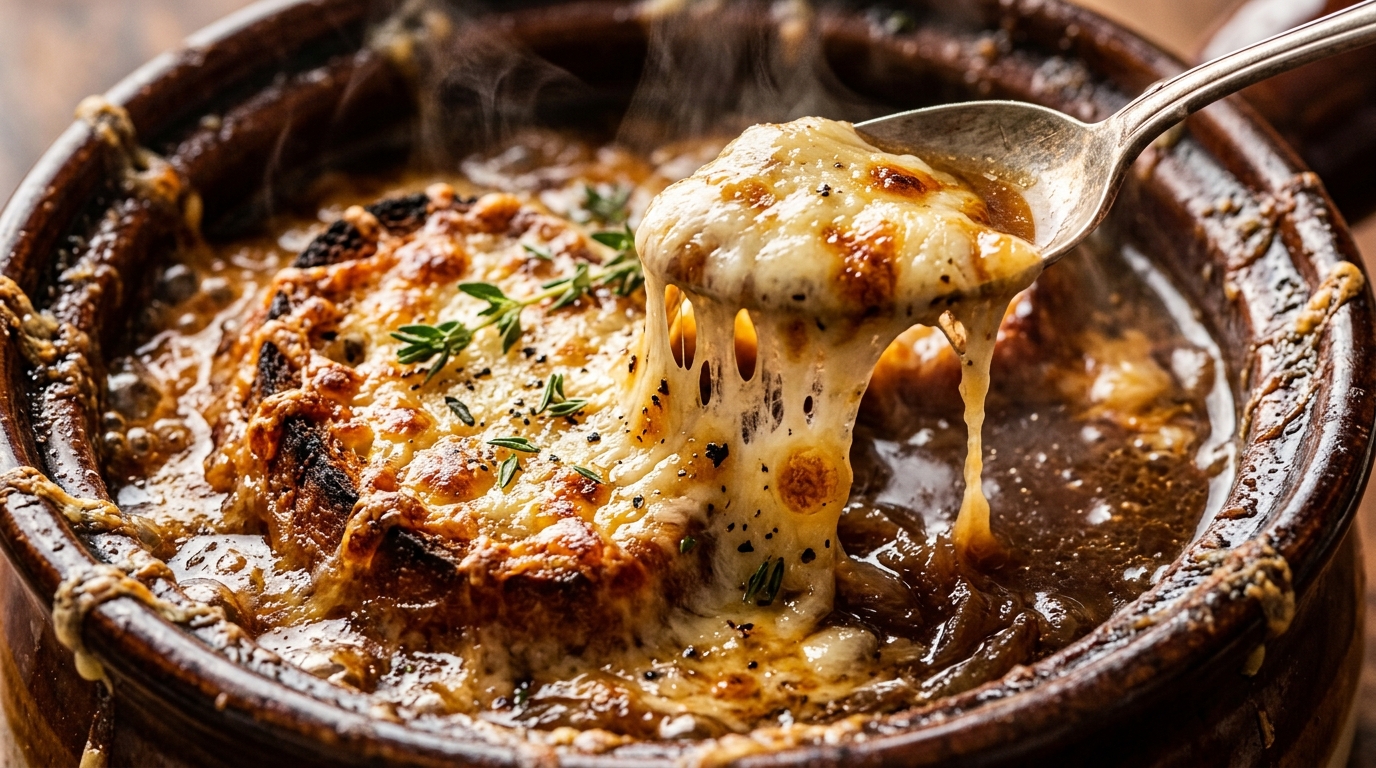 Ultra close-up macro of broiled bubbly melted Gruyère cheese pulled from a ceramic crock of rich French onion soup