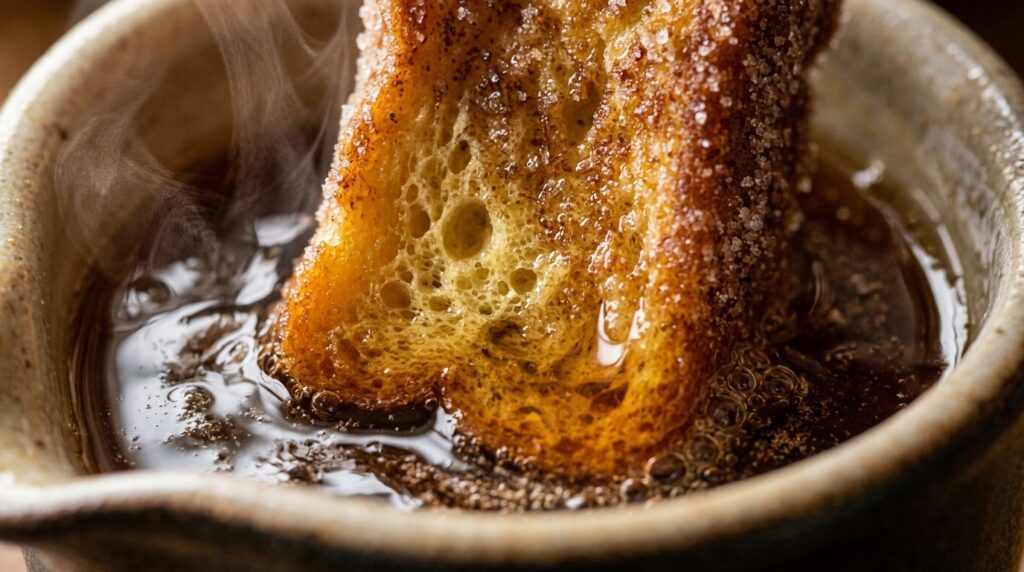 Ultra close-up macro of golden brioche french toast sticks coated in sparkling cinnamon sugar dipped into warm pure maple syrup