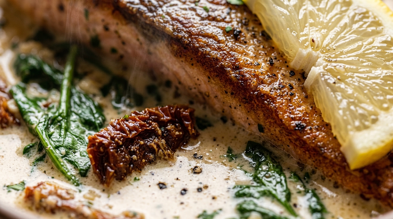 Ultra close-up macro of pan-seared crispy skin wild salmon fillet nestled in velvety garlic butter cream sauce with wilted spinach and sun-dried tomatoes