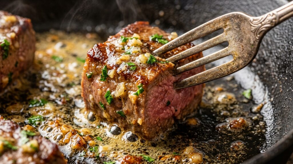 Ultra close-up macro of juicy caramelized halal steak bite glistening in bubbling garlic herb butter pan sauce