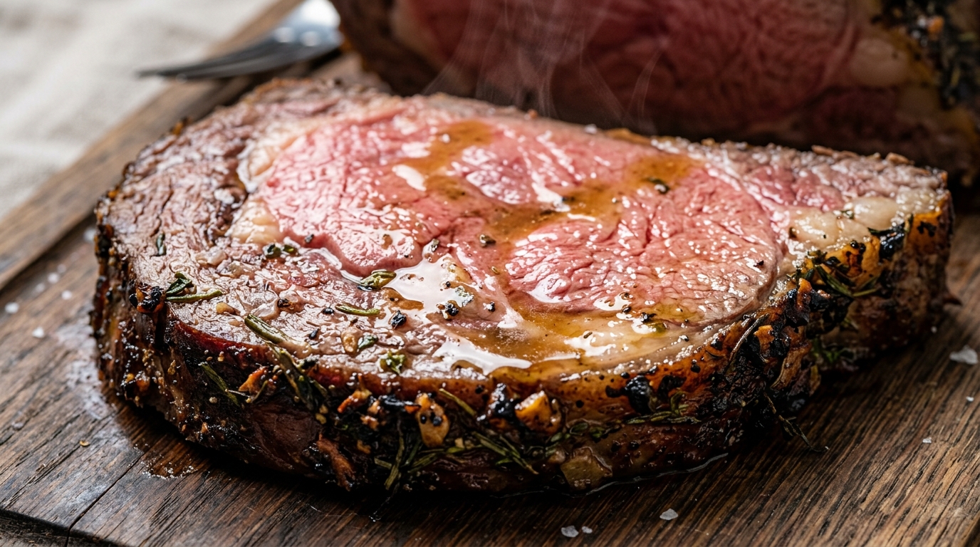 Ultra close-up macro slice of juicy tender medium-rare garlic herb halal roast beef with glistening savory pan jus