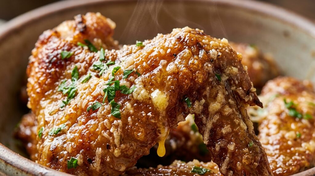 Ultra close-up macro of ultra crispy baked halal chicken wings tossed in garlic parmesan butter with shredded cheese and fresh parsley