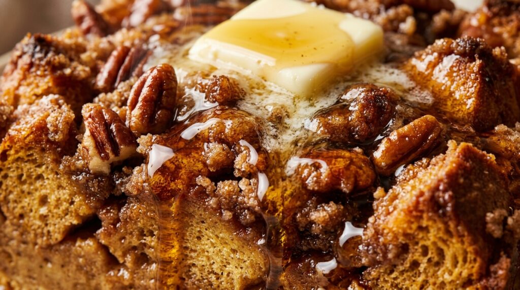 Ultra close-up macro slice of baked gingerbread French toast casserole with spiced custard, crunchy pecan streusel, and warm maple syrup