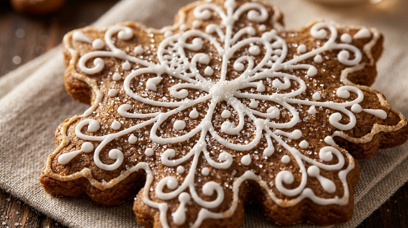 Ultra close-up macro decorated golden gingerbread man cookie with white royal icing and bite showing soft center