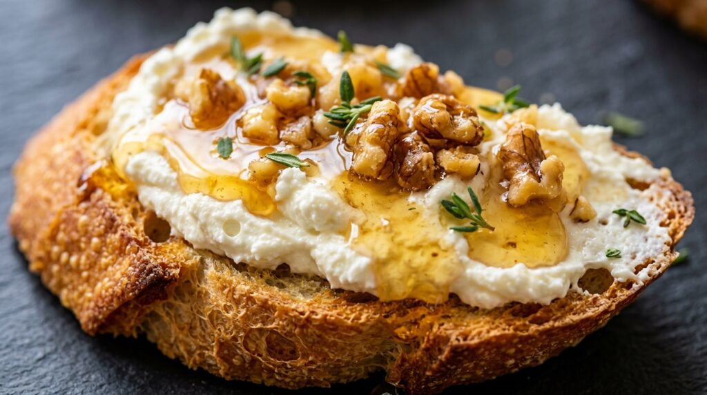 Ultra close-up macro of a crispy golden baguette crostini topped with whipped goat cheese, wildflower honey, and toasted walnuts