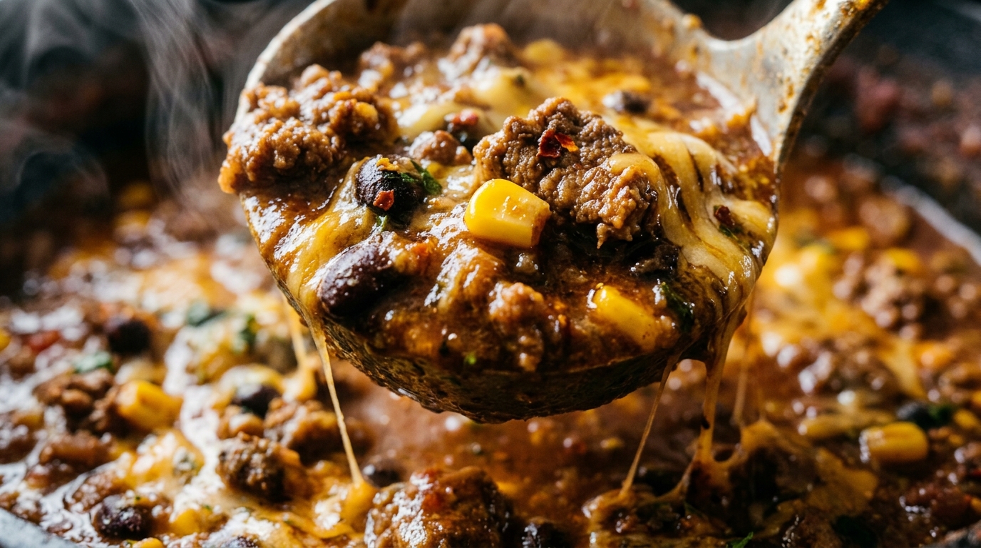 Ultra close-up macro of silver ladle scooping hearty halal beef chili with black beans sweet corn and melted cheddar cheese
