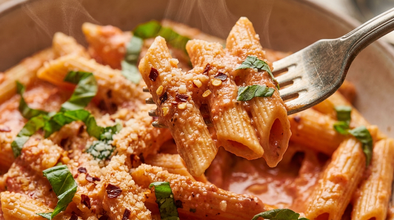 Ultra close-up macro of creamy penne alla vodka coated in velvety pink tomato cream sauce with Parmesan and fresh basil