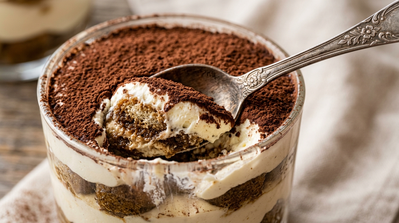 Ultra close-up macro spoon scooping into individual glass tiramisu cup with layers of mascarpone cream, espresso ladyfingers, and cocoa