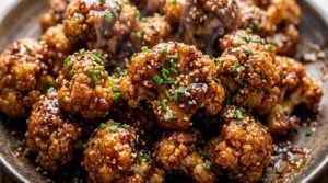 Ultra close-up macro of ultra crispy baked honey BBQ cauliflower wings glistening with sticky sweet glaze and toasted sesame seeds