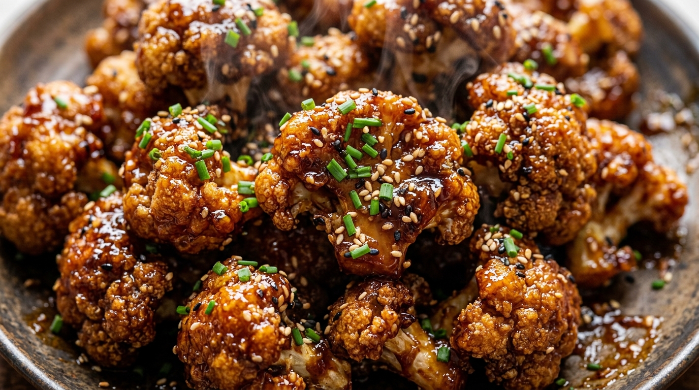 Ultra close-up macro of ultra crispy baked honey BBQ cauliflower wings glistening with sticky sweet caramelized glaze and sesame seeds