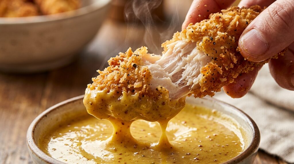 Ultra close-up macro of crispy golden-brown halal chicken tender being dipped into glistening honey mustard sauce with crunchy panko crumbs