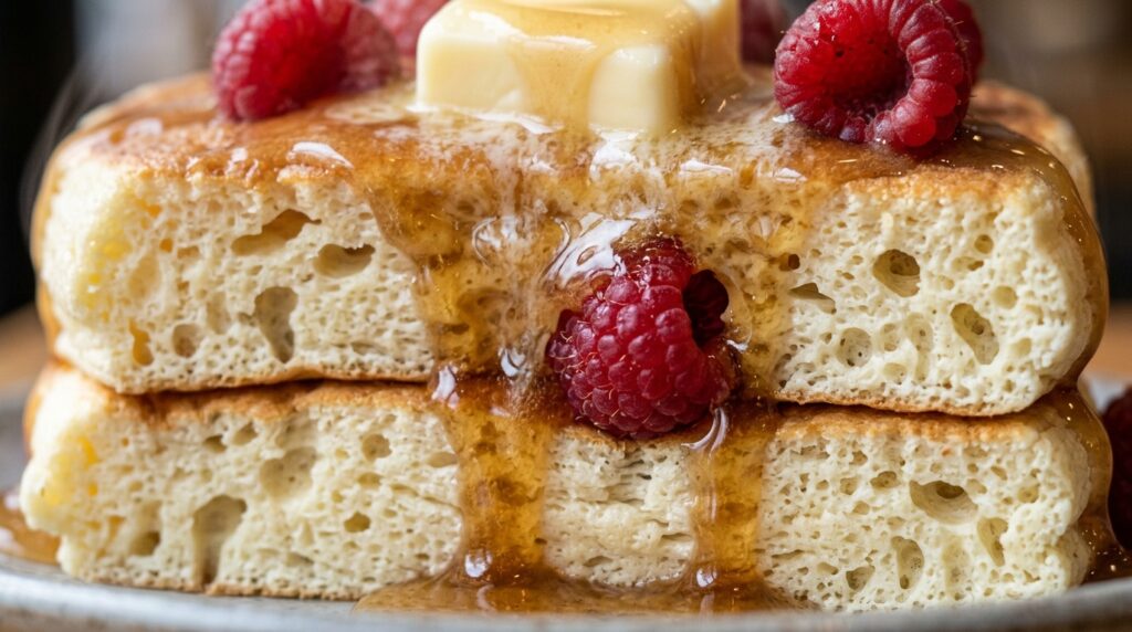 Ultra close-up macro of sky-high wobbly Japanese soufflé pancakes with melting butter and cascading maple cream glaze