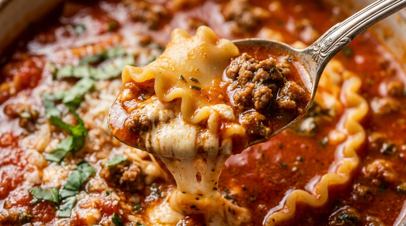 Ultra close-up macro spoon lifting rich lasagna soup with broken wavy noodles seasoned beef and gooey melted mozzarella and ricotta cheese pull