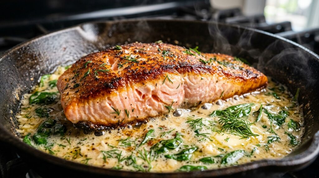 Ultra close-up macro of pan-seared salmon fillet in bubbling creamy lemon garlic butter sauce with baby spinach and fresh dill