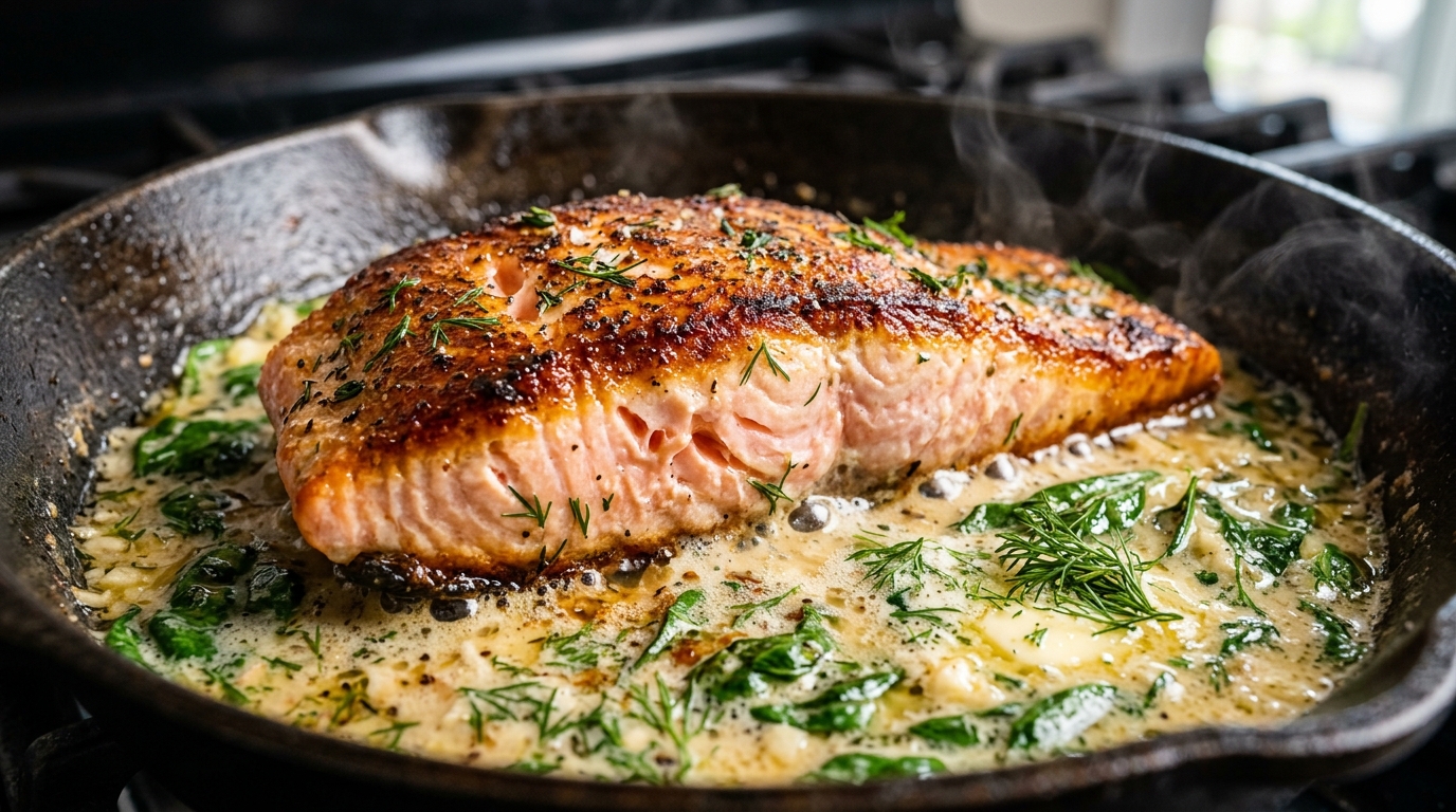 Ultra close-up macro of pan-seared salmon fillet in bubbling creamy lemon garlic butter sauce with baby spinach and fresh dill