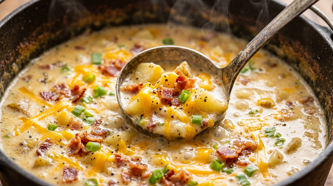Ultra close-up macro of a vintage ladle scooping thick loaded baked potato soup topped with melted cheddar, halal beef bacon, and chopped chives
